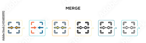 Merge vector icon in 6 different modern styles. Black, two colored merge icons designed in filled, outline, line and stroke style. Vector illustration can be used for web, mobile, ui