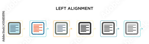 Left alignment vector icon in 6 different modern styles. Black, two colored left alignment icons designed in filled, outline, line and stroke style. Vector illustration can be used for web, mobile, ui