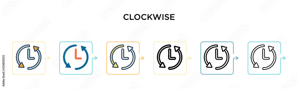 Clockwise vector icon in 6 different modern styles. Black, two colored clockwise icons designed in filled, outline, line and stroke style. Vector illustration can be used for web, mobile, ui Clockwise vector icon in 6 different modern styles. Black, two colored clockwise icons designed in filled, outline, line and stroke style. Vector illustration can be used for web, mobile, ui