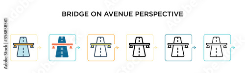 Bridge on avenue perspective vector icon in 6 different modern styles. Black, two colored bridge on avenue perspective icons designed in filled, outline, line and stroke style. Vector illustration can