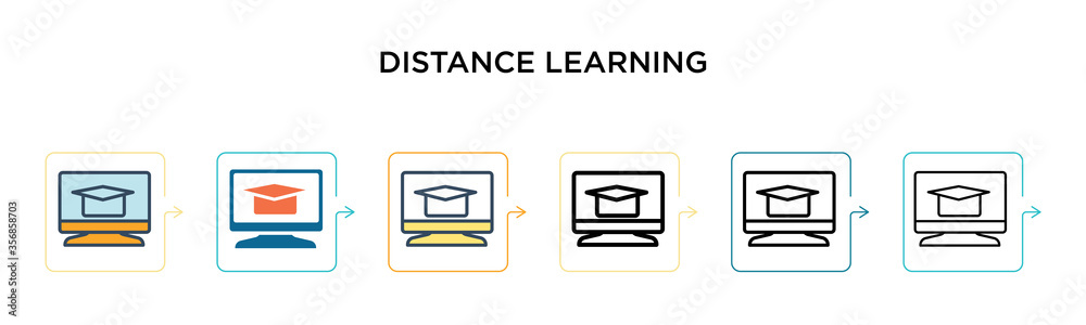 Distance learning vector icon in 6 different modern styles. Black, two colored distance learning icons designed in filled, outline, line and stroke style. Vector illustration can be used for web, Distance learning vector icon in 6 different modern styles. Black, two colored distance learning icons designed in filled, outline, line and stroke style. Vector illustration can be used for web,