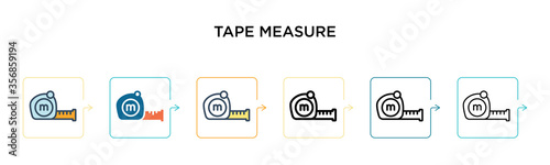 Tape measure vector icon in 6 different modern styles. Black, two colored tape measure icons designed in filled, outline, line and stroke style. Vector illustration can be used for web, mobile, ui