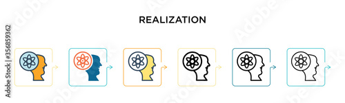Realization vector icon in 6 different modern styles. Black, two colored realization icons designed in filled, outline, line and stroke style. Vector illustration can be used for web, mobile, ui