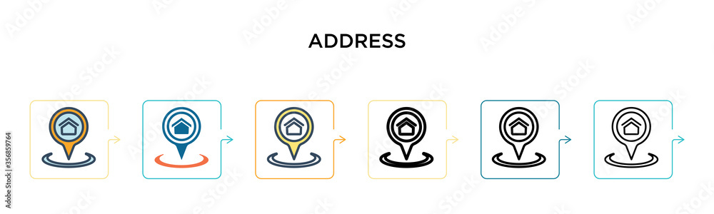 Address vector icon in 6 different modern styles. Black, two colored address icons designed in filled, outline, line and stroke style. Vector illustration can be used for web, mobile, ui Address vector icon in 6 different modern styles. Black, two colored address icons designed in filled, outline, line and stroke style. Vector illustration can be used for web, mobile, ui