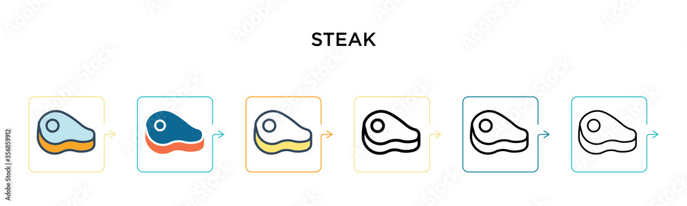 Steak vector icon in 6 different modern styles. Black, two colored steak icons designed in filled, outline, line and stroke style. Vector illustration can be used for web, mobile, ui Steak vector icon in 6 different modern styles. Black, two colored steak icons designed in filled, outline, line and stroke style. Vector illustration can be used for web, mobile, ui