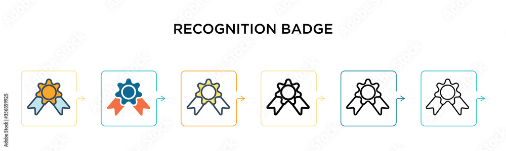 Recognition badge vector icon in 6 different modern styles. Black, two colored recognition badge icons designed in filled, outline, line and stroke style. Vector illustration can be used for web, Recognition badge vector icon in 6 different modern styles. Black, two colored recognition badge icons designed in filled, outline, line and stroke style. Vector illustration can be used for web,