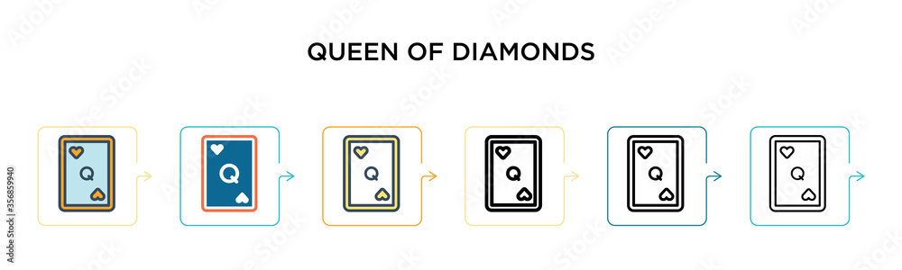 Queen of diamonds vector icon in 6 different modern styles. Black, two colored queen of diamonds icons designed in filled, outline, line and stroke style. Vector illustration can be used for web, Queen of diamonds vector icon in 6 different modern styles. Black, two colored queen of diamonds icons designed in filled, outline, line and stroke style. Vector illustration can be used for web,