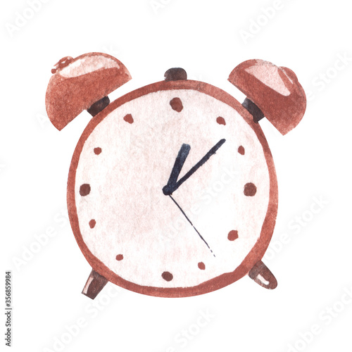 Watercolor sketch of brown round alarm clock showing seven minutes past twelve. Classical table clock with ringing bells. Hand drawn illustration of interior element for scrapbooking