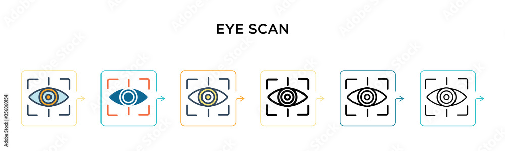Eye scan vector icon in 6 different modern styles. Black, two colored eye scan icons designed in filled, outline, line and stroke style. Vector illustration can be used for web, mobile, ui Eye scan vector icon in 6 different modern styles. Black, two colored eye scan icons designed in filled, outline, line and stroke style. Vector illustration can be used for web, mobile, ui