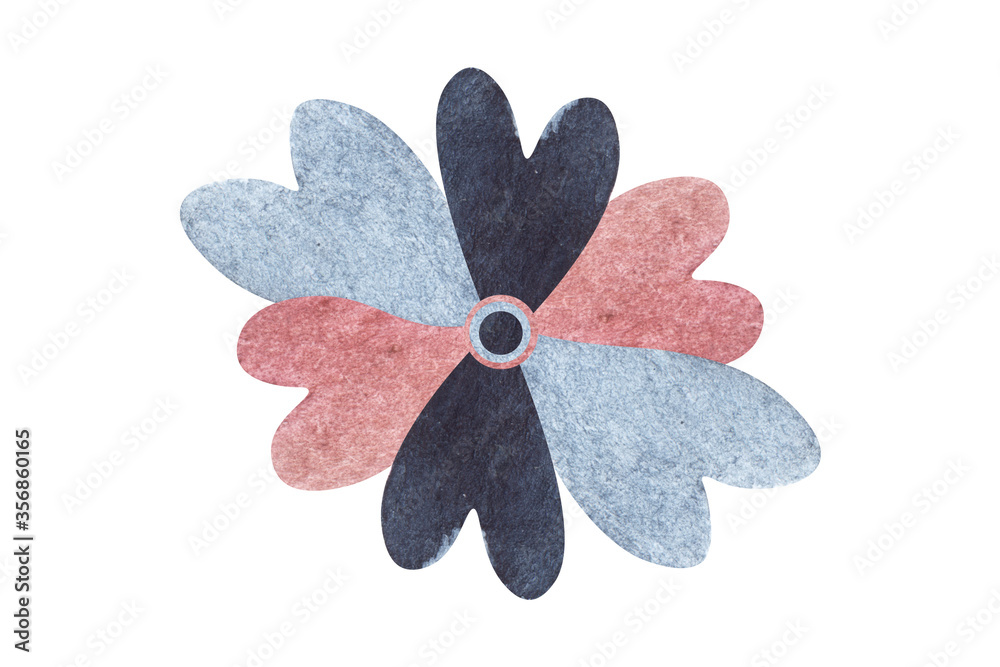 Fototapeta premium Watercolor flower with petals in shape of hearts isolated on white background. Six petals of blue, pink and black colors. Top view. Romantic floral hand drawn illustration for scrapbooking