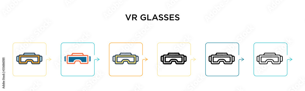 Vr glasses vector icon in 6 different modern styles. Black, two colored vr glasses icons designed in filled, outline, line and stroke style. Vector illustration can be used for web, mobile, ui