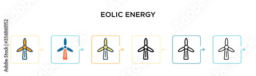 Eolic energy vector icon in 6 different modern styles. Black, two colored eolic energy icons designed in filled, outline, line and stroke style. Vector illustration can be used for web, mobile, ui