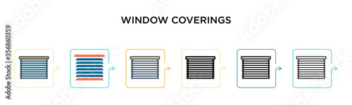 Window coverings vector icon in 6 different modern styles. Black, two colored window coverings icons designed in filled, outline, line and stroke style. Vector illustration can be used for web,