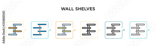 Wall shelves vector icon in 6 different modern styles. Black, two colored wall shelves icons designed in filled, outline, line and stroke style. Vector illustration can be used for web, mobile, ui