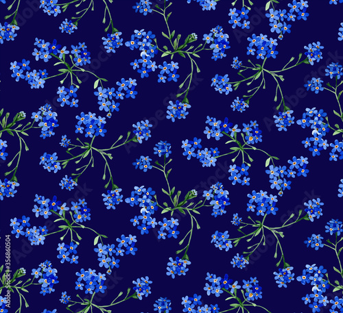 Floral seamless pattern with watercolor forget-me-not flowers and leaves on navy blue background. Wild flowers composition. For wrapping, fabric, wallpaper.