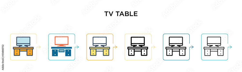 Tv table vector icon in 6 different modern styles. Black, two colored tv table icons designed in filled, outline, line and stroke style. Vector illustration can be used for web, mobile, ui