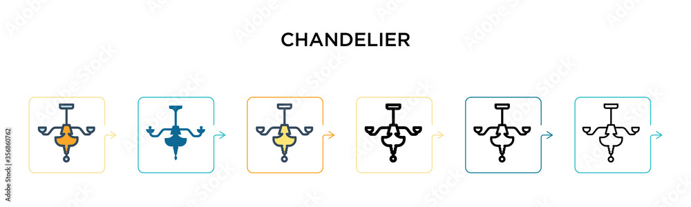 Chandelier vector icon in 6 different modern styles. Black, two colored chandelier icons designed in filled, outline, line and stroke style. Vector illustration can be used for web, mobile, ui Chandelier vector icon in 6 different modern styles. Black, two colored chandelier icons designed in filled, outline, line and stroke style. Vector illustration can be used for web, mobile, ui
