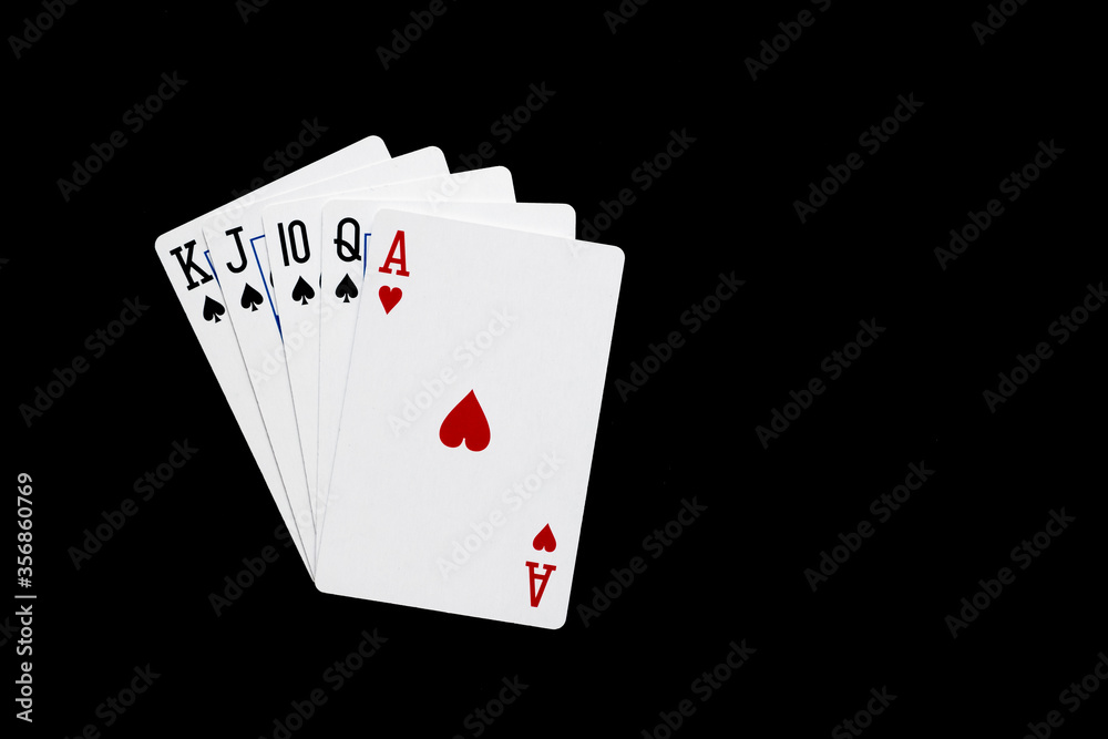 Straight combination in poker on black background. Poker combinations concept.