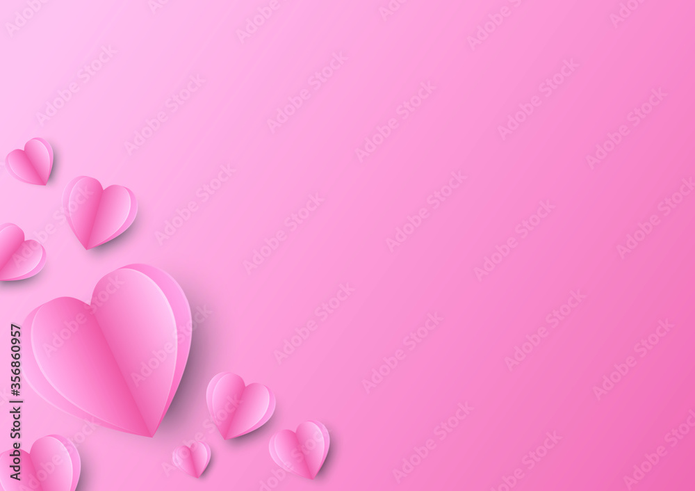 Paper elements in shape of heart flying on pink background. Vector symbols of love design.