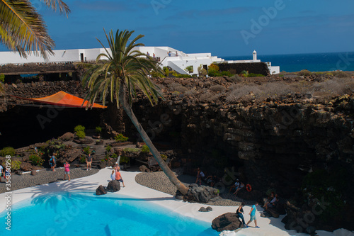  Cueva de los Verdes, Green Cave in Lanzarote. Canary Islands. an amazing lava tube and tourist attraction on Lanzarote island, Spain. Multi-colored illumination of caves. Beautiful cave. 