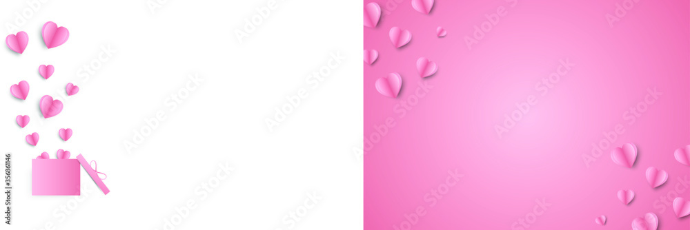 Paper elements in shape of heart flying on pink background. Vector symbols of love design.