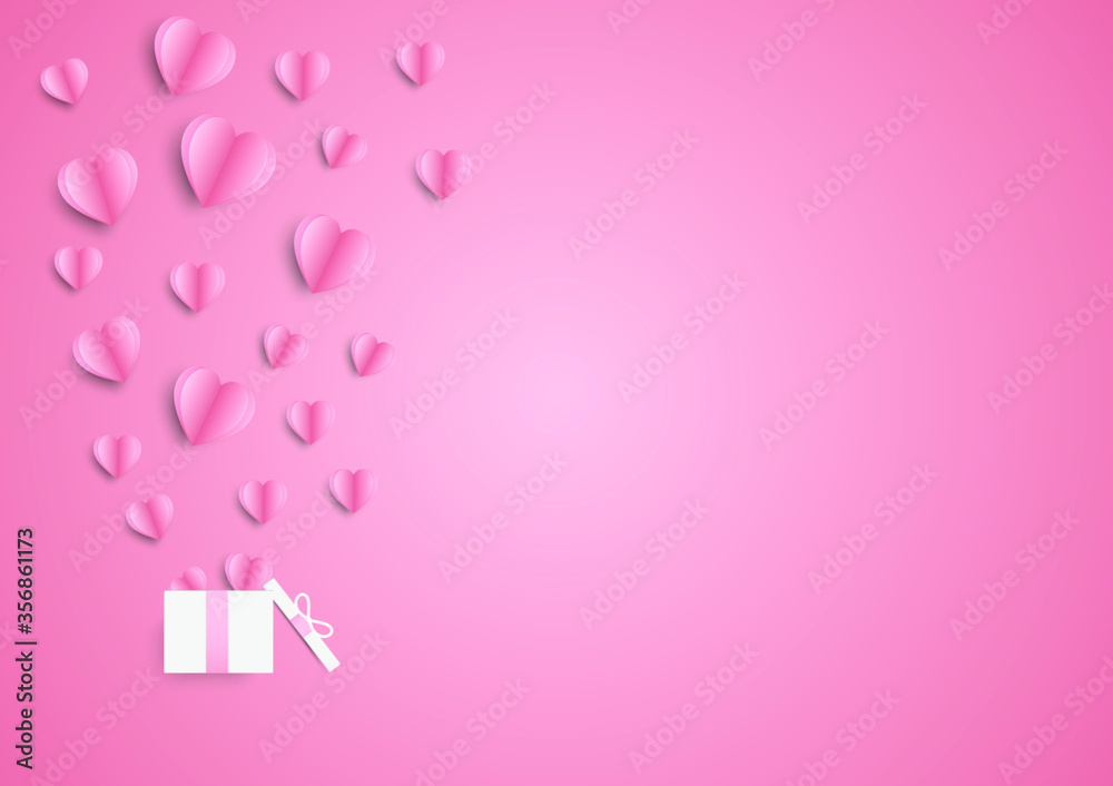 Paper elements in shape of heart flying on pink background. Vector symbols of love design.
