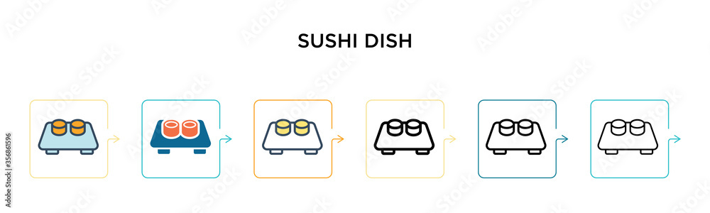 Sushi dish vector icon in 6 different modern styles. Black, two colored sushi dish icons designed in filled, outline, line and stroke style. Vector illustration can be used for web, mobile, ui Sushi dish vector icon in 6 different modern styles. Black, two colored sushi dish icons designed in filled, outline, line and stroke style. Vector illustration can be used for web, mobile, ui