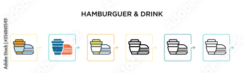 Hamburguer & drink vector icon in 6 different modern styles. Black, two colored hamburguer & drink icons designed in filled, outline, line and stroke style. Vector illustration can be used for web,