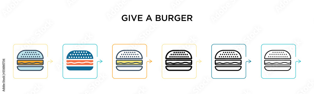 Give a burger vector icon in 6 different modern styles. Black, two colored give a burger icons designed in filled, outline, line and stroke style. Vector illustration can be used for web, mobile, ui Give a burger vector icon in 6 different modern styles. Black, two colored give a burger icons designed in filled, outline, line and stroke style. Vector illustration can be used for web, mobile, ui