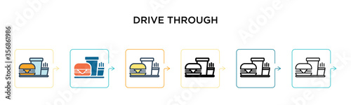 Drive through vector icon in 6 different modern styles. Black, two colored drive through icons designed in filled, outline, line and stroke style. Vector illustration can be used for web, mobile, ui