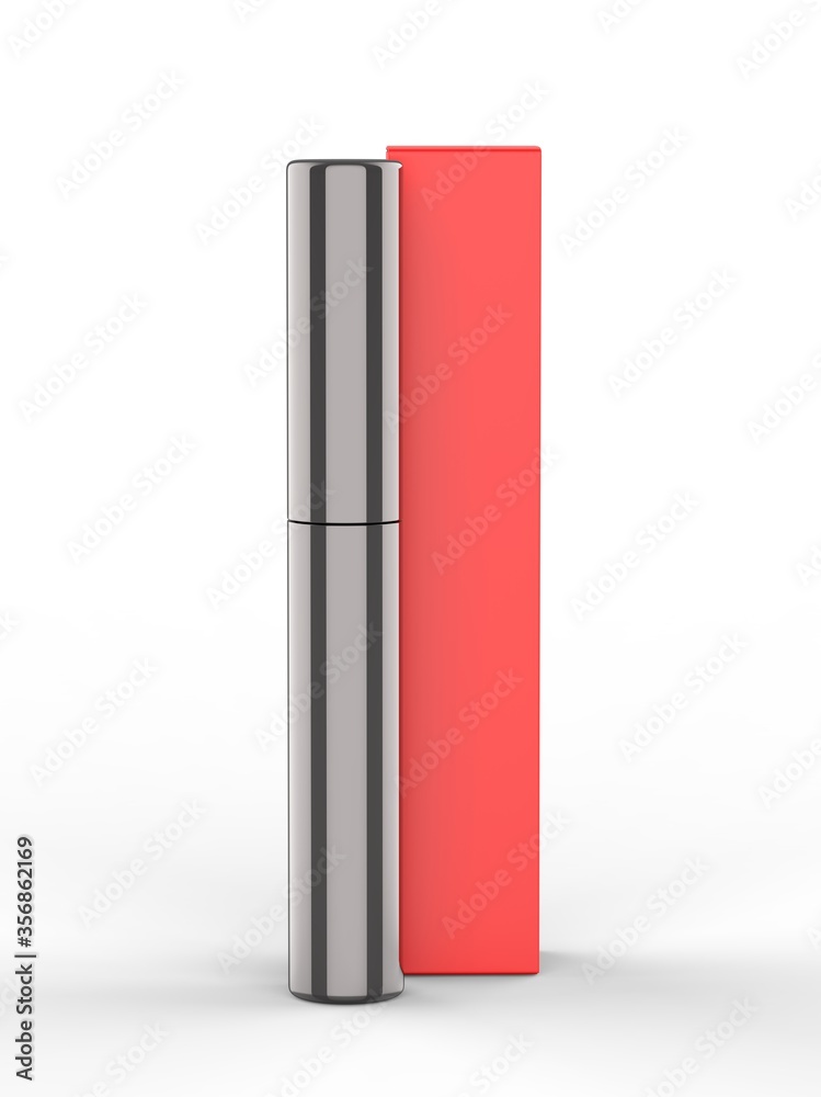 Blank Eyeliner mascara tube with box mockup isolated on white background front view. 3d render illustration.