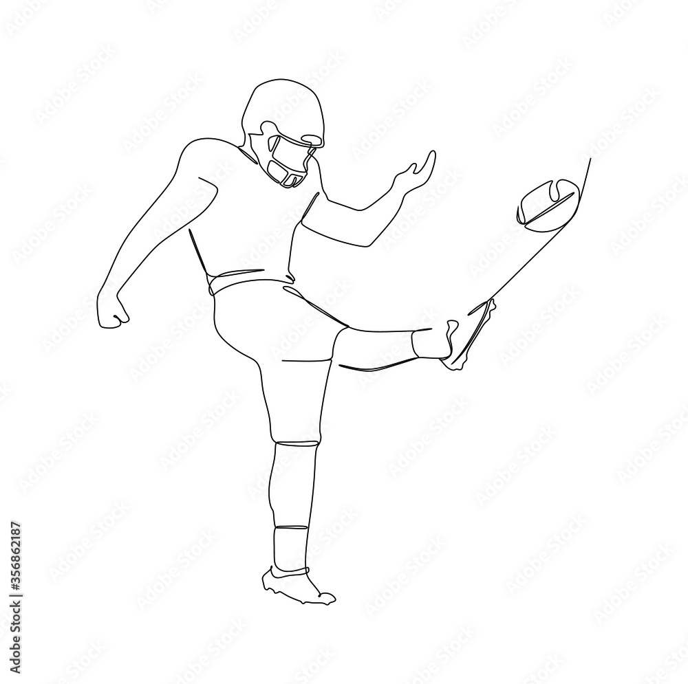 A football player kicking the ball trying to make a goal. Continuous one line drawing, vector illustration