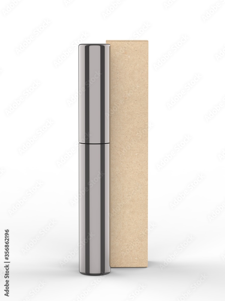 Blank Eyeliner mascara tube with box mockup isolated on white background front view. 3d render illustration. Blank Eyeliner mascara tube with box mockup isolated on white background front view. 3d render illustration.