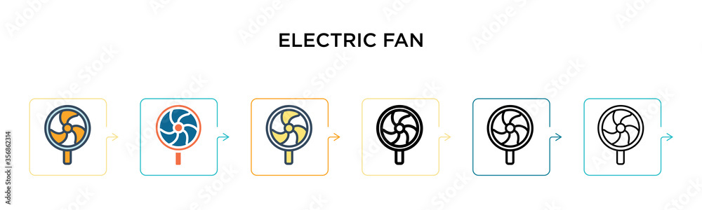 Electric fan vector icon in 6 different modern styles. Black, two colored electric fan icons designed in filled, outline, line and stroke style. Vector illustration can be used for web, mobile, ui