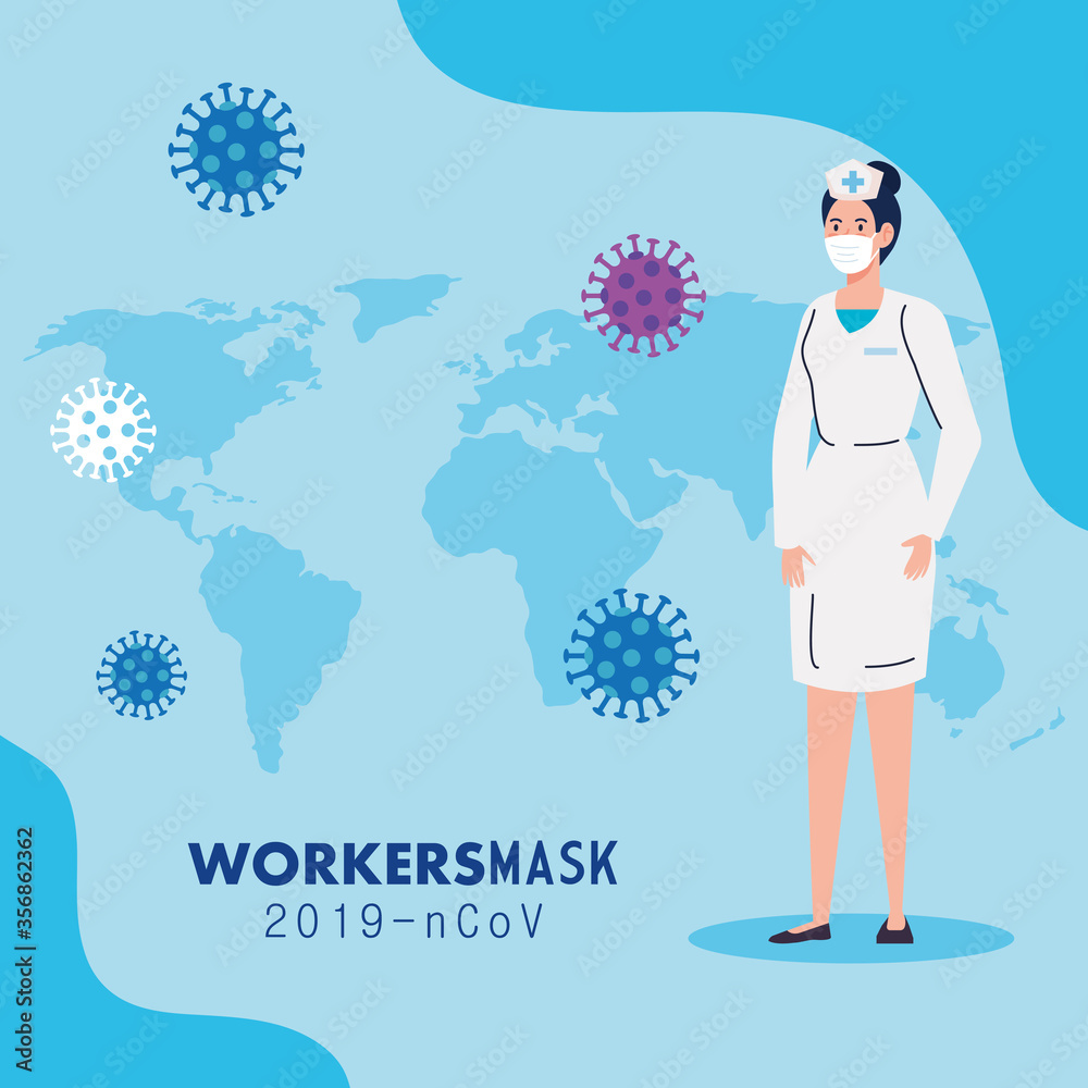 nurse wearing medical mask during covid 19 with world map vector illustration design