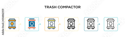 Trash compactor vector icon in 6 different modern styles. Black, two colored trash compactor icons designed in filled, outline, line and stroke style. Vector illustration can be used for web, mobile,