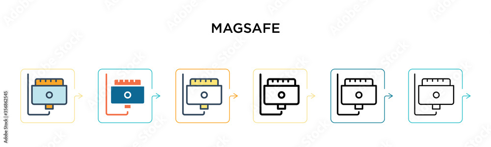Magsafe vector icon in 6 different modern styles. Black, two colored magsafe icons designed in filled, outline, line and stroke style. Vector illustration can be used for web, mobile, ui Magsafe vector icon in 6 different modern styles. Black, two colored magsafe icons designed in filled, outline, line and stroke style. Vector illustration can be used for web, mobile, ui