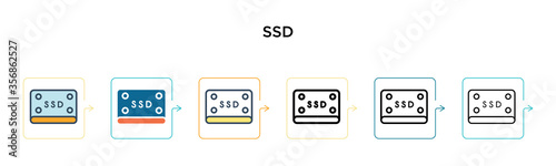 Ssd vector icon in 6 different modern styles. Black, two colored ssd icons designed in filled, outline, line and stroke style. Vector illustration can be used for web, mobile, ui