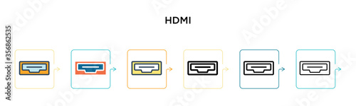 Hdmi vector icon in 6 different modern styles. Black, two colored hdmi icons designed in filled, outline, line and stroke style. Vector illustration can be used for web, mobile, ui