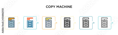Copy machine vector icon in 6 different modern styles. Black, two colored copy machine icons designed in filled, outline, line and stroke style. Vector illustration can be used for web, mobile, ui