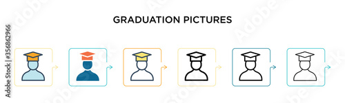 Graduation pictures vector icon in 6 different modern styles. Black, two colored graduation pictures icons designed in filled, outline, line and stroke style. Vector illustration can be used for web,