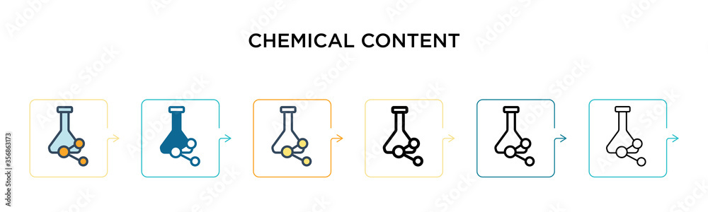 Chemical content vector icon in 6 different modern styles. Black, two colored chemical content icons designed in filled, outline, line and stroke style. Vector illustration can be used for web, Chemical content vector icon in 6 different modern styles. Black, two colored chemical content icons designed in filled, outline, line and stroke style. Vector illustration can be used for web,