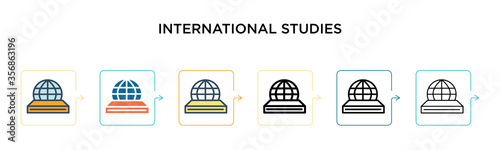 International studies vector icon in 6 different modern styles. Black, two colored international studies icons designed in filled, outline, line and stroke style. Vector illustration can be used for