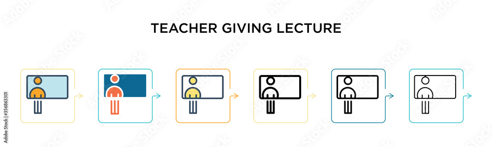 Teacher giving lecture vector icon in 6 different modern styles. Black, two colored teacher giving lecture icons designed in filled, outline, line and stroke style. Vector illustration can be used for Teacher giving lecture vector icon in 6 different modern styles. Black, two colored teacher giving lecture icons designed in filled, outline, line and stroke style. Vector illustration can be used for