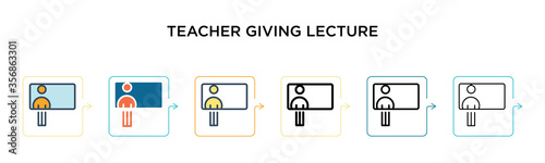 Teacher giving lecture vector icon in 6 different modern styles. Black, two colored teacher giving lecture icons designed in filled, outline, line and stroke style. Vector illustration can be used for