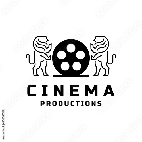 Movie roll film icon. Isolated vector icon. Black film roll icon with two lions, white background photo