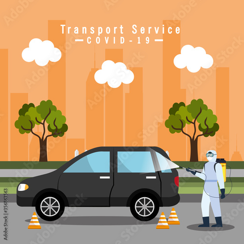 car disinfection service, prevention coronavirus covid 19, clean surfaces in car with a disinfectant spray, person with biohazard suit vector illustration design