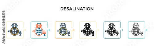 Desalination vector icon in 6 different modern styles. Black, two colored desalination icons designed in filled, outline, line and stroke style. Vector illustration can be used for web, mobile, ui