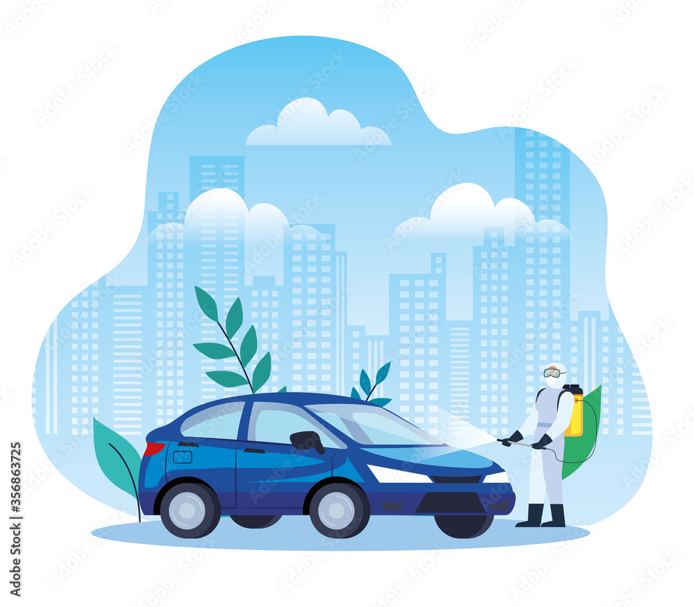 car disinfection service, prevention coronavirus covid 19, clean surfaces in car with a disinfectant spray, person with biohazard suit vector illustration design