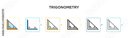 Trigonometry vector icon in 6 different modern styles. Black, two colored trigonometry icons designed in filled, outline, line and stroke style. Vector illustration can be used for web, mobile, ui